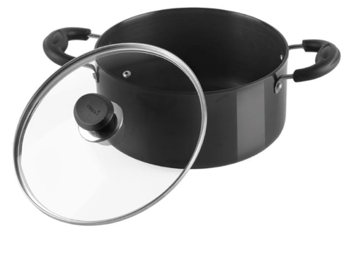 Vinod Black Pearl Hard Anodised Saucepot with Glass Lid 8.6 litres Capacity (28 cm Diamater) with Riveted Sturdy Handles - 3.25 mm Thickness, Black (Gas Stove Compatible)